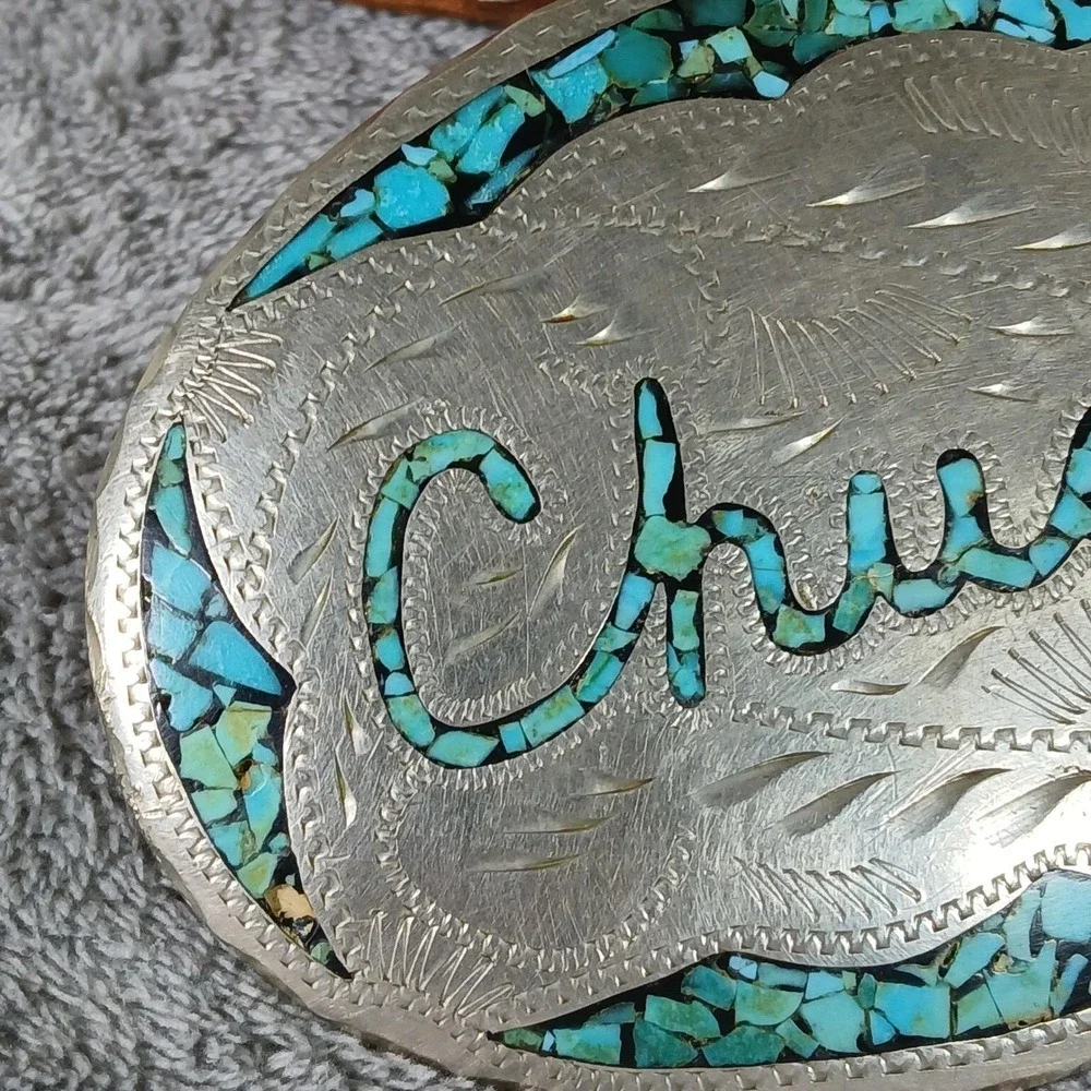 Vintage Dale Western Belt & Buckle Mens Floral Tooled Leather Inlay Chip 